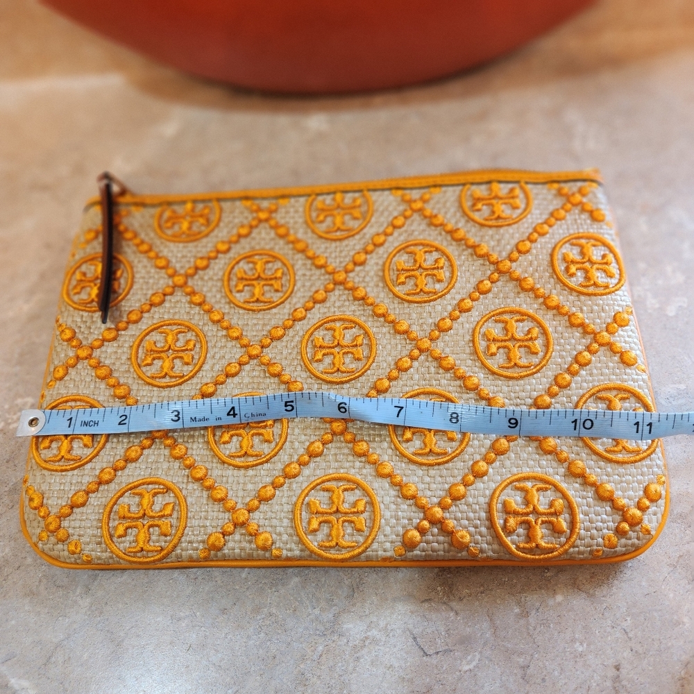 NWOT Tory Burch Orange Citrine T Monogram Embroidered Straw Clutch Purse - Picture 2 of 10